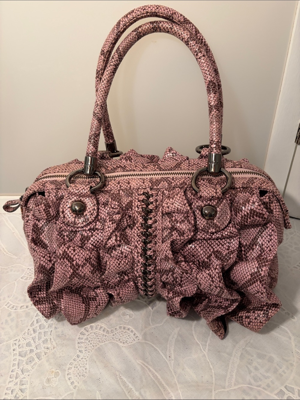Y2K-era bebe Ruffle Snakeskin Satchel Handbag